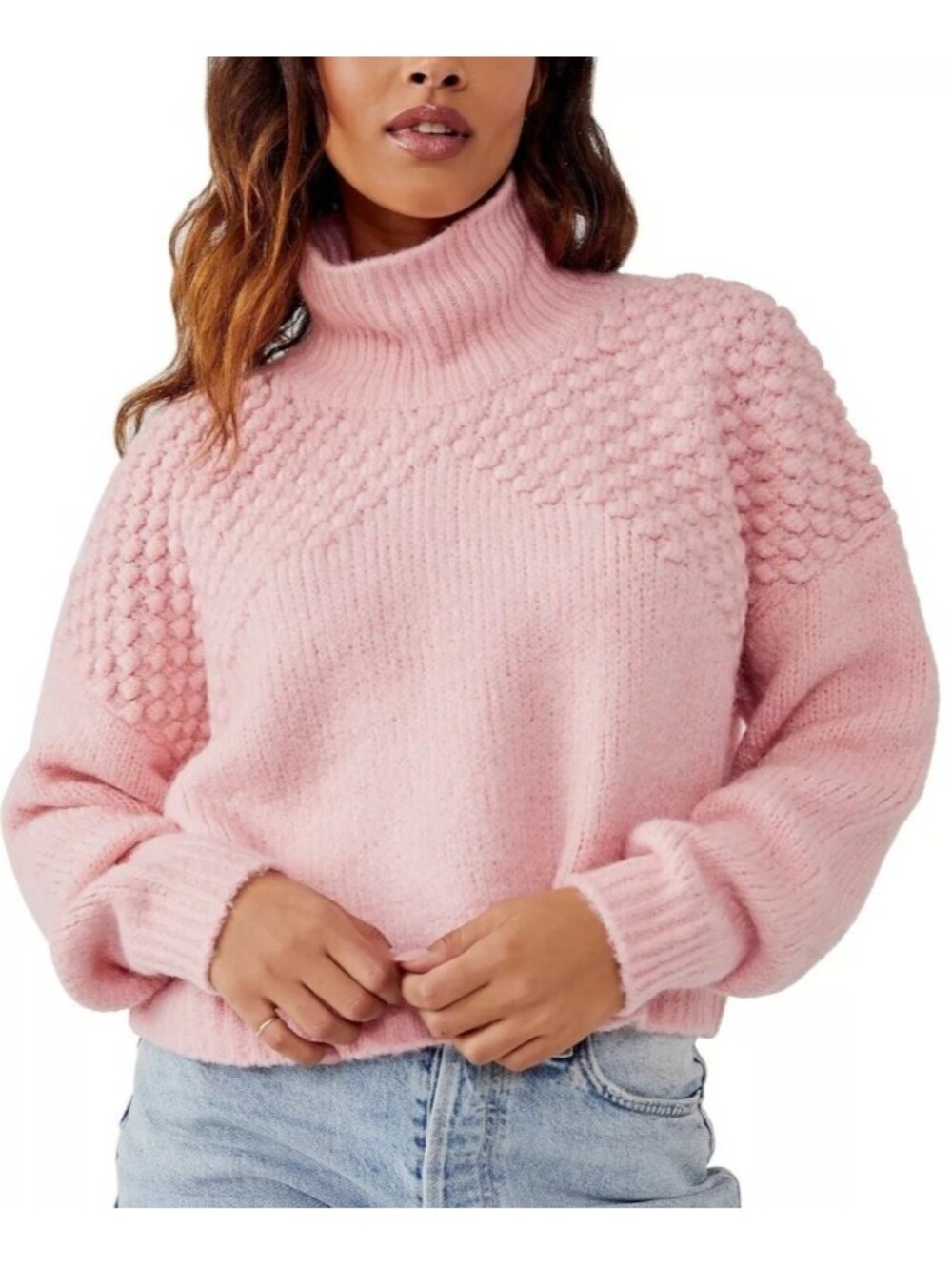 FREE PEOPLE light pink Bradley pullover pompom knit sweater sz L